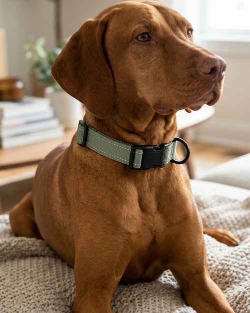 Zenl Reflective Nylon Dog Collar 2 cm Neck 30-45 cm Sage - Lifestyle view